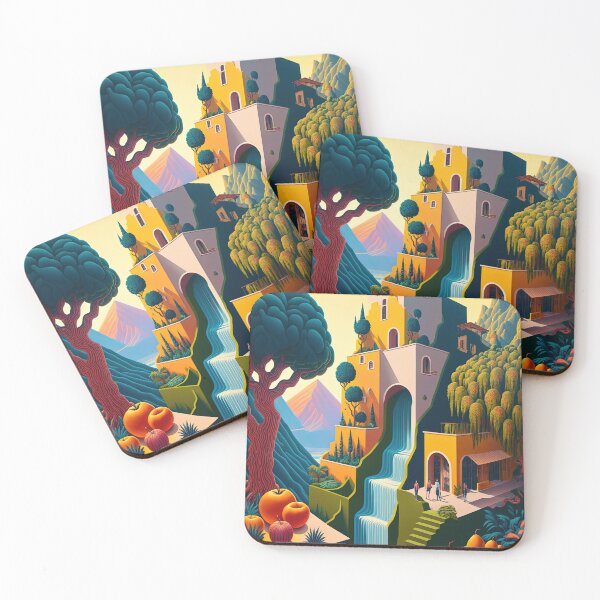 Item preview, Multi-storey Mediterranean Villa with Waterfall and Oversized Fruit, Abstract, Naive and Surreal - Original Artwork designed and sold by CloudofKnowing.