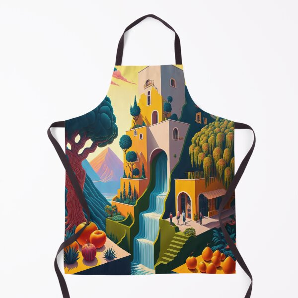 Item preview, Multi-storey Mediterranean Villa with Waterfall and Oversized Fruit, Abstract, Naive and Surreal - Original Artwork designed and sold by CloudofKnowing.