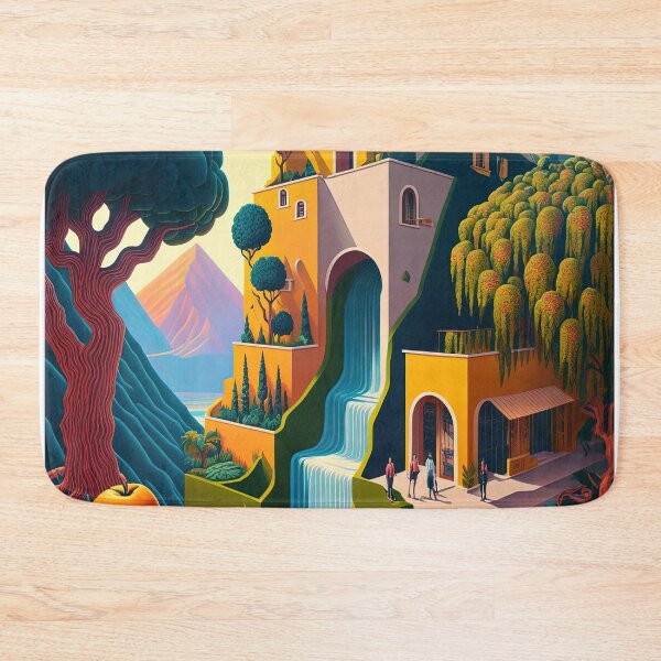Item preview, Multi-storey Mediterranean Villa with Waterfall and Oversized Fruit, Abstract, Naive and Surreal - Original Artwork designed and sold by CloudofKnowing.
