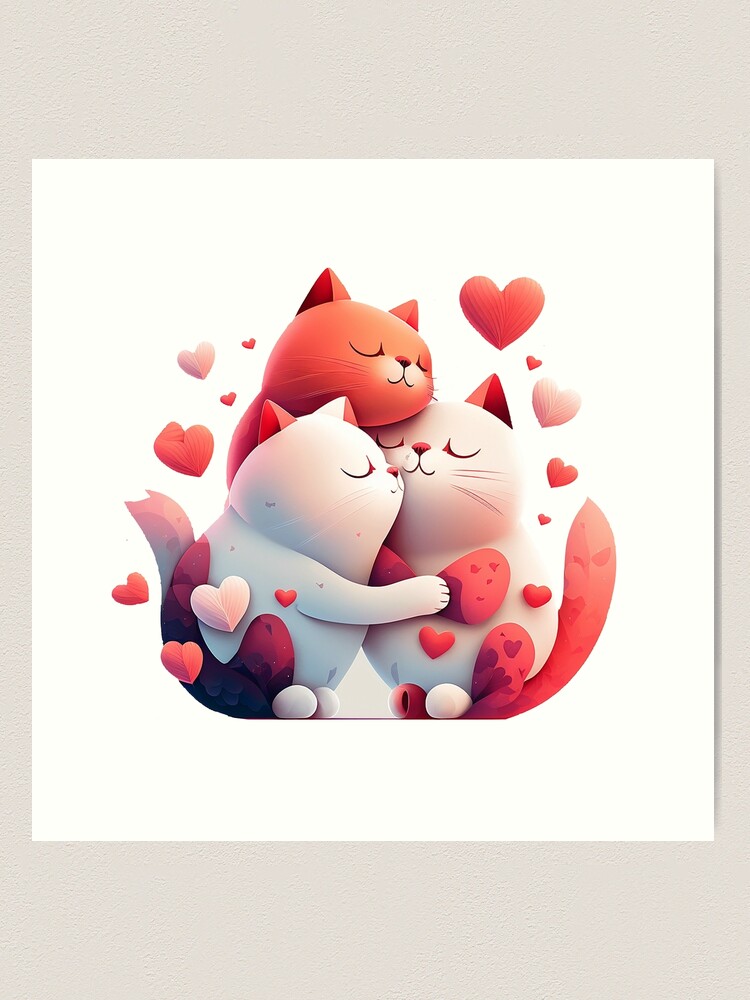Three cats hugging and showing their love, romantic valentines day  drawing Art Print for Sale by MagicSatchel