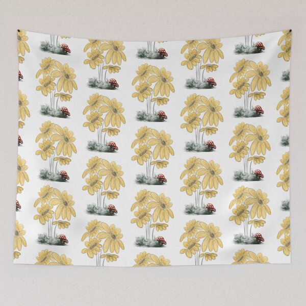 Item preview, Yellow flowers and red little mushrooms - white backgroung designed and sold by AlinaSCorner.