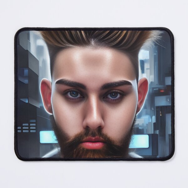 Item preview, Cyberpunk Image of Bearded Man with Alluring Eyes  designed and sold by LthrDaddyBear.
