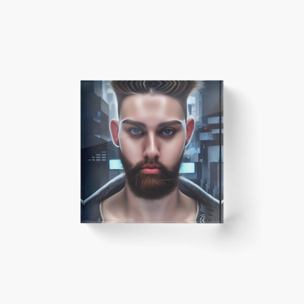 Item preview, Cyberpunk Image of Bearded Man with Alluring Eyes  designed and sold by LthrDaddyBear.