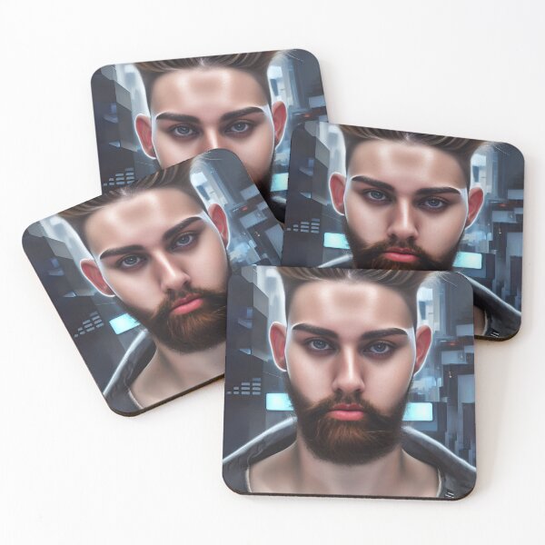 Item preview, Cyberpunk Image of Bearded Man with Alluring Eyes  designed and sold by LthrDaddyBear.