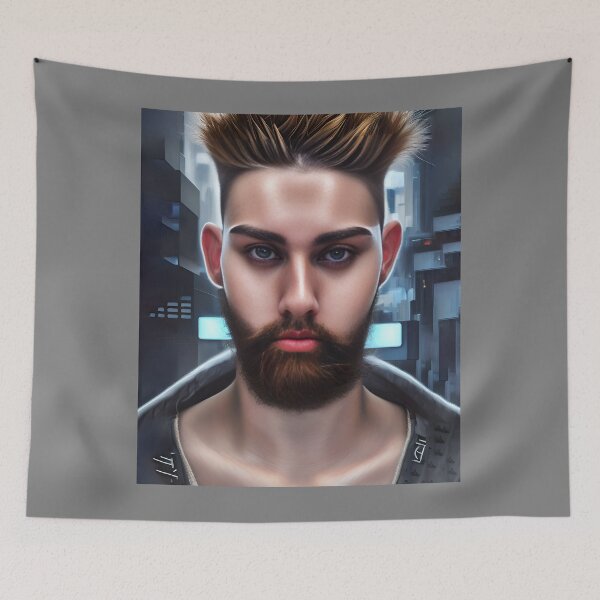 Item preview, Cyberpunk Image of Bearded Man with Alluring Eyes  designed and sold by LthrDaddyBear.
