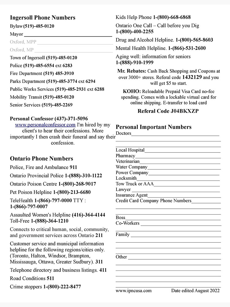 "Ingersoll, Ontario. Canada Important Phone Numbers" Sticker for Sale