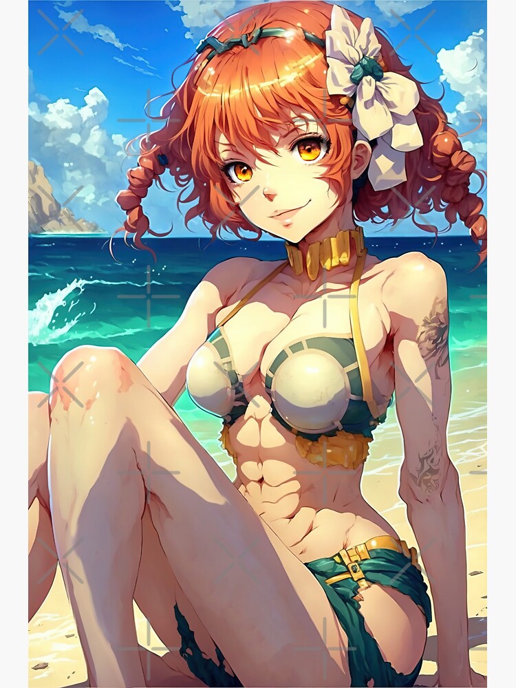 Cute redhead anime girl sitting on the beach in bikini top