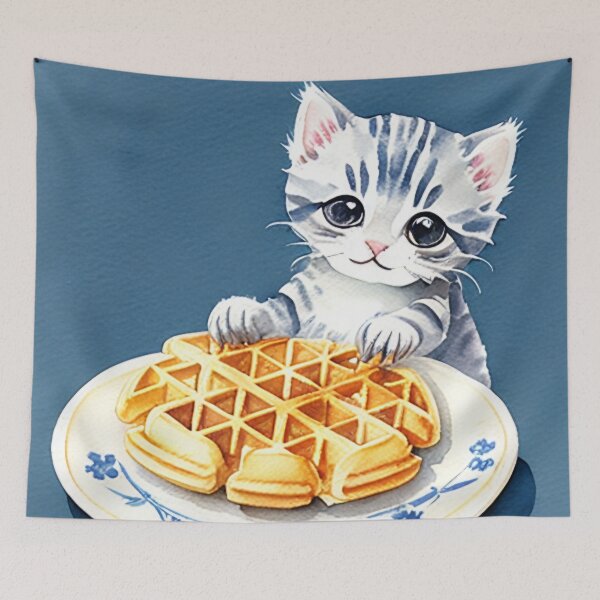 Item preview, Kitten Stealing a Waffle Watercolor Painting designed and sold by Ellen Davis.