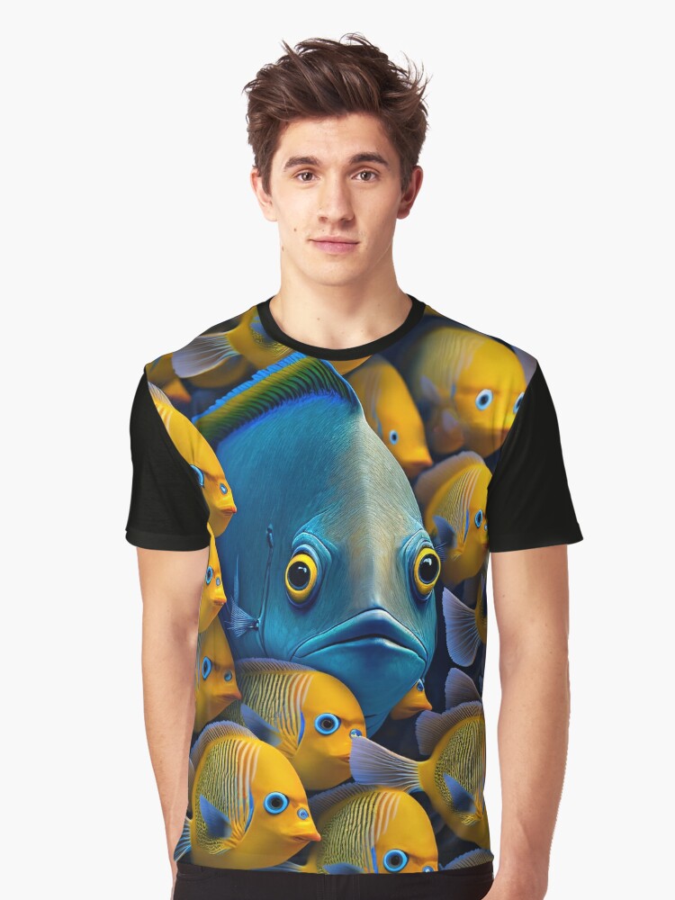 School of Colorful Tropical Fish in Yellow and Blue Graphic T