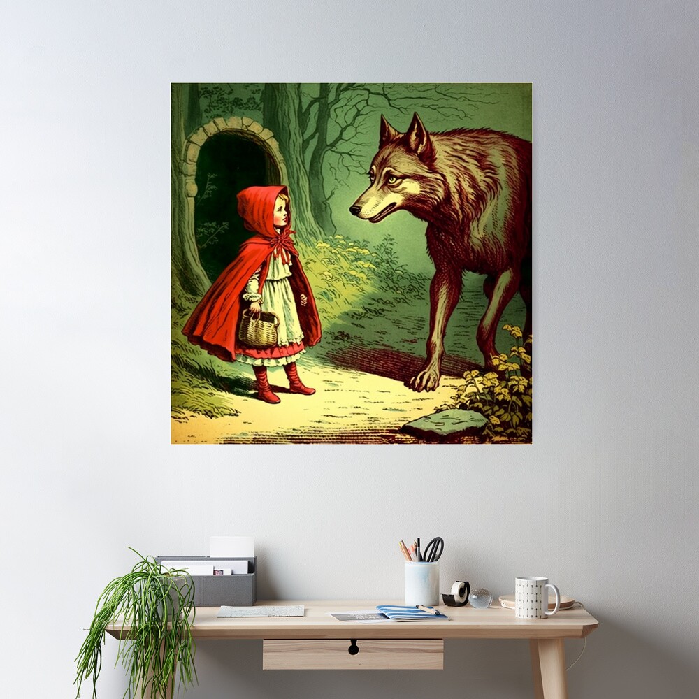 Vintage image of Little Red Riding Hood meeting the big bad wolf.