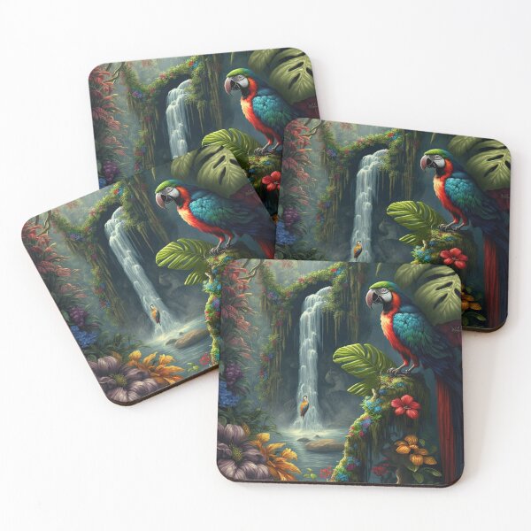 Item preview, Jungle Paradise with Exotic Birds, Tropical Flowers, Parrots and Luscious Waterfall - Original Artwork designed and sold by CloudofKnowing.
