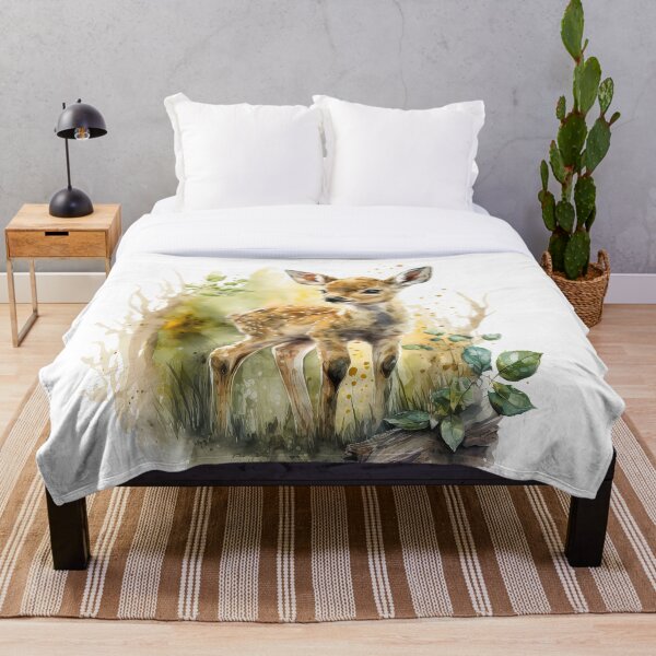 Aperçu de l'œuvre Bébé cerf à l'aquarelle, debout dans la forêt d'été, joli faon créée et vendue par MoonFoxDesign.