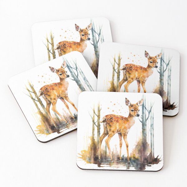 Item preview, Watercolor Baby Deer, Standing in the Autumn Forest Cute Fawn designed and sold by MoonFoxDesign.