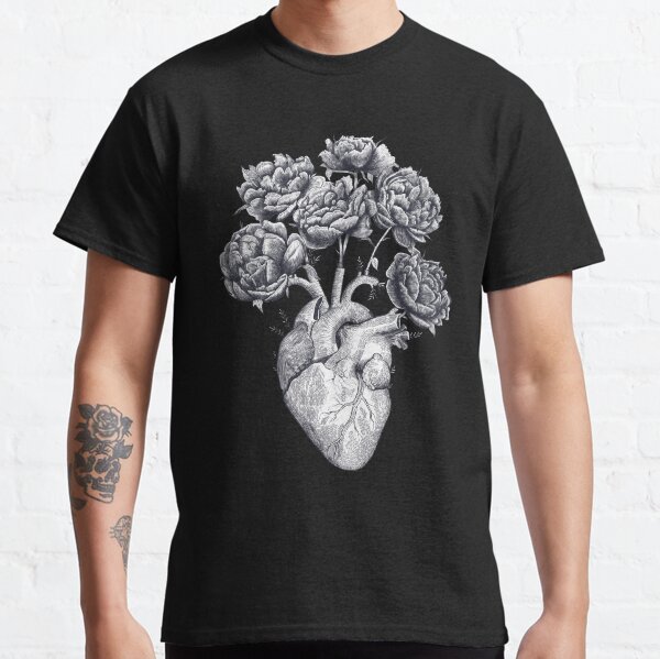 Heart with peonies B&W on black Classic T-Shirt
