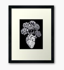 Heart with peonies B&W on black Framed Print