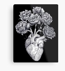 Heart with peonies B&W on black Metal Print
