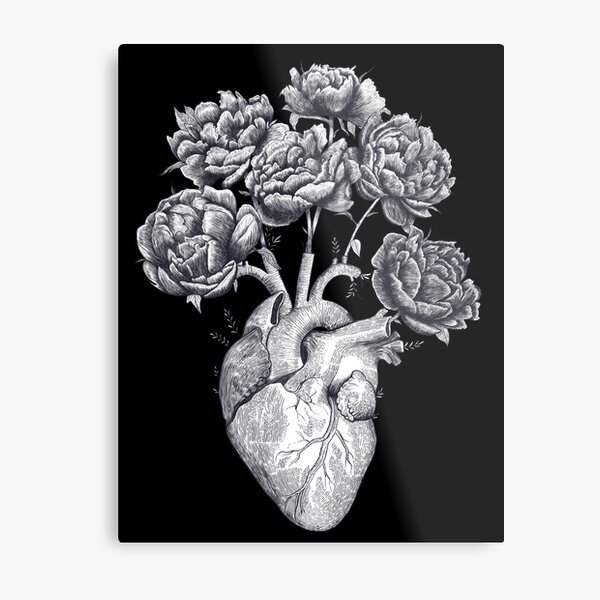 Heart with peonies B&W on black Metal Print