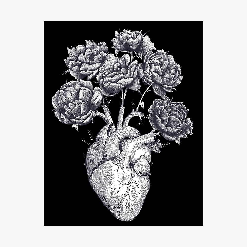Heart with peonies B&W on black Photographic Print