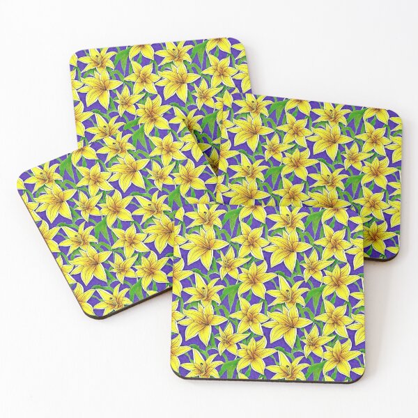 Item preview, Handpainted Yellow lily pattern on blue, watercolor art designed and sold by patterncrow.