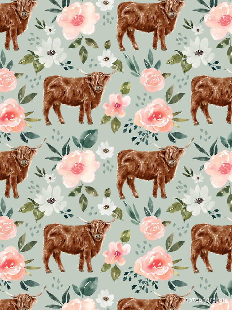 Imagen 4 de 4, Funda de iPhone con la obra Highland Cow Floral en azul menta, colección Vintage Spring, diseñada y vendida por cateandrainn.