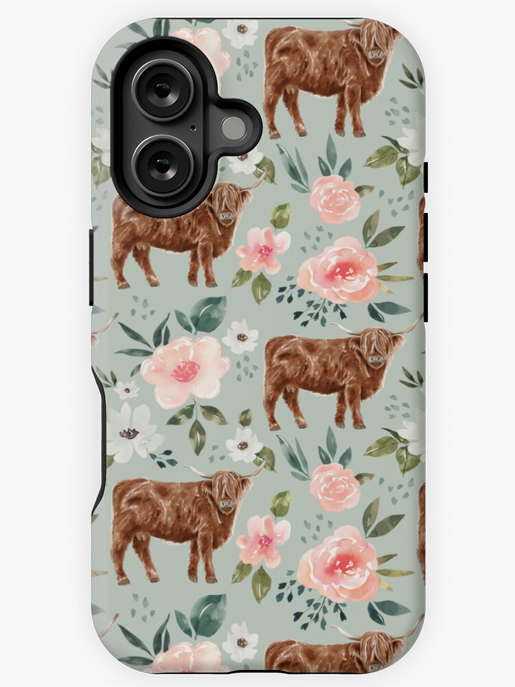 Imagen 1 de 4, Funda de iPhone con la obra Highland Cow Floral en azul menta, colección Vintage Spring, diseñada y vendida por cateandrainn.