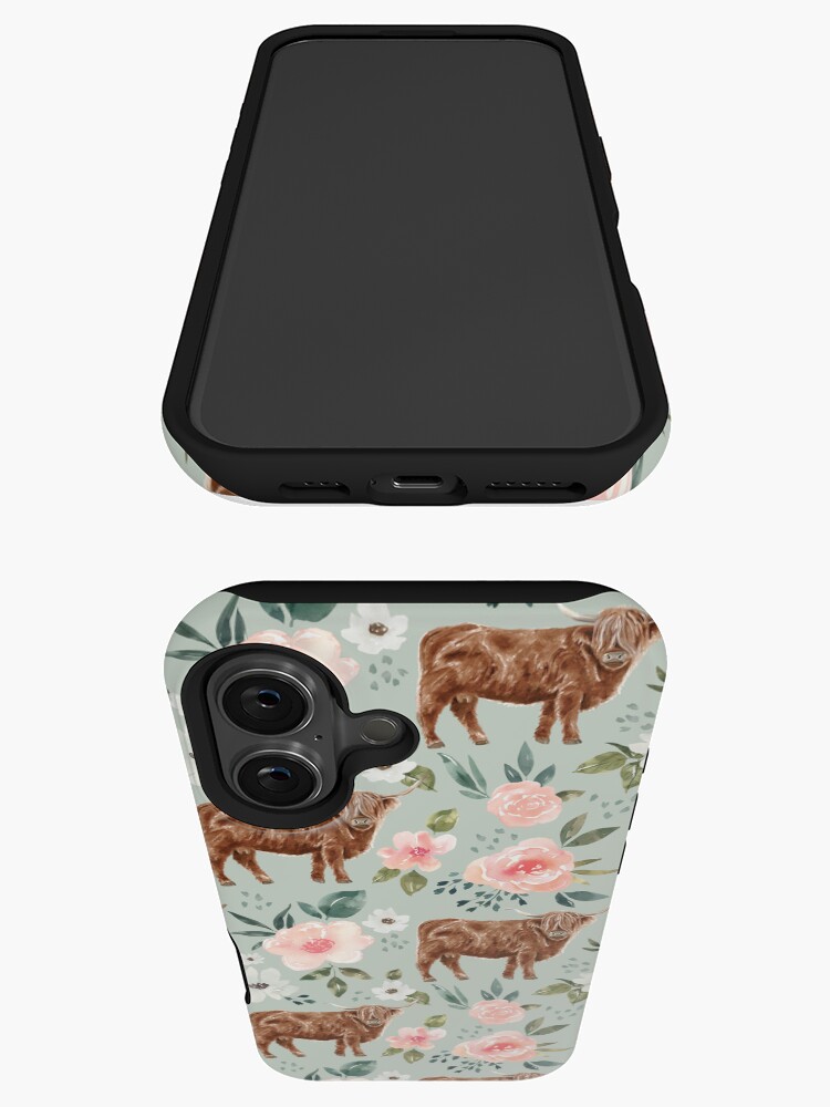 Imagen 3 de 4, Funda de iPhone con la obra Highland Cow Floral en azul menta, colección Vintage Spring, diseñada y vendida por cateandrainn.