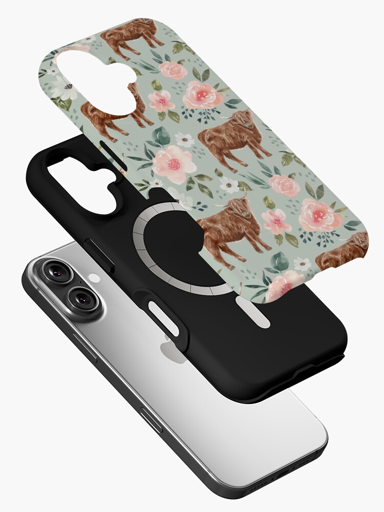 Imagen 2 de 4, Funda de iPhone con la obra Highland Cow Floral en azul menta, colección Vintage Spring, diseñada y vendida por cateandrainn.