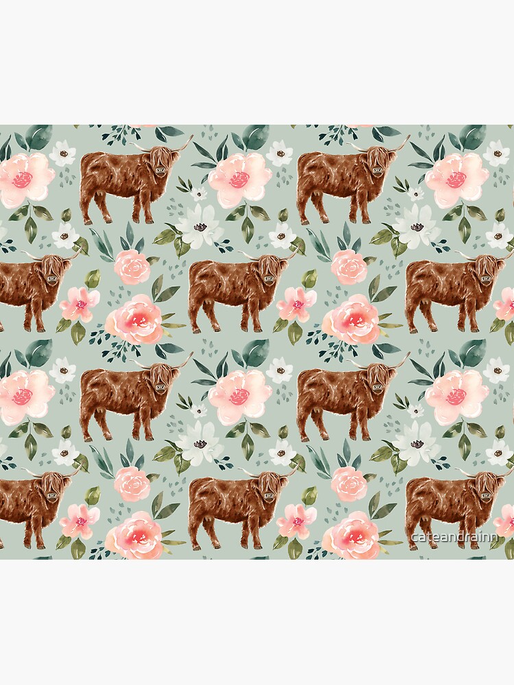 Imagen 5 de 5, Alfombrilla de ratón con la obra Highland Cow Floral en azul menta, colección Vintage Spring, diseñada y vendida por cateandrainn.