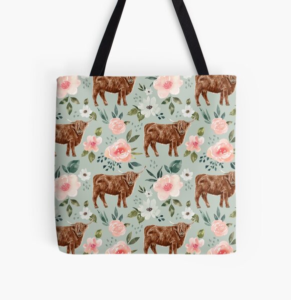 Vista previa del artículo con la obra «Highland Cow Floral en azul menta, colección Vintage Spring», diseñado y vendido por cateandrainn.