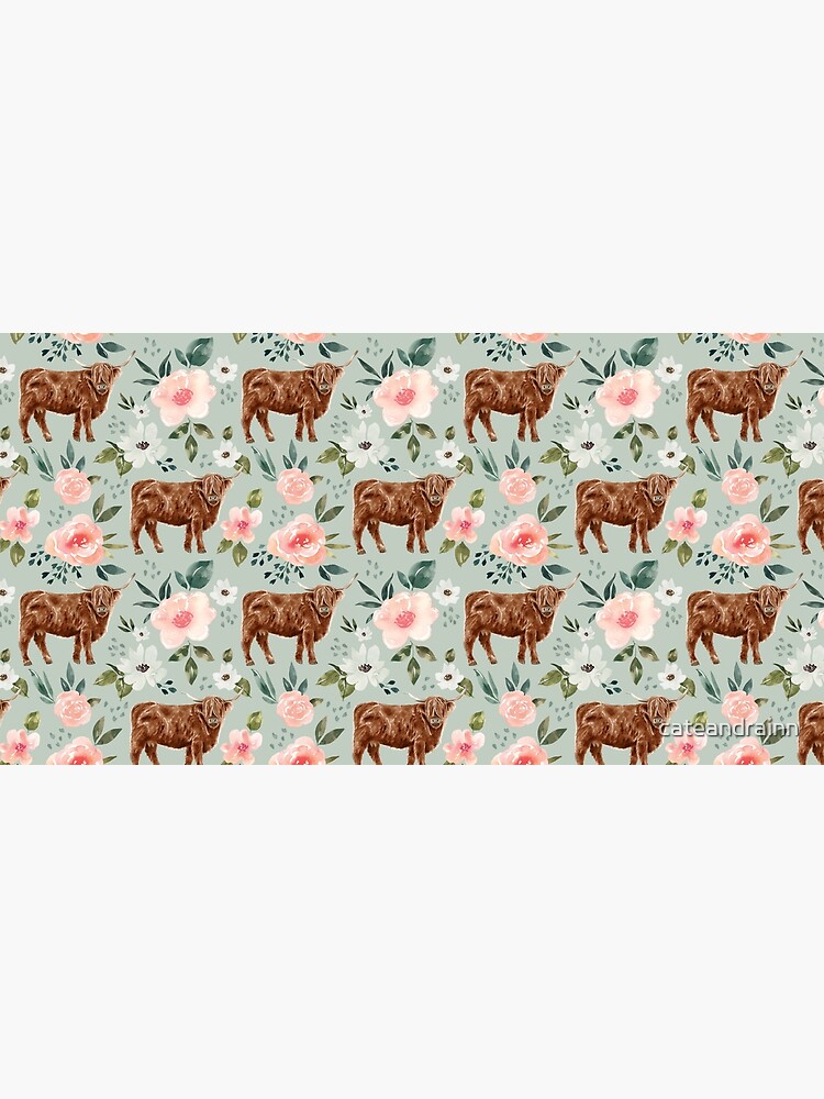 Imagen 5 de 5, Alfombrilla de ratón con la obra Highland Cow Floral en azul menta, colección Vintage Spring, diseñada y vendida por cateandrainn.