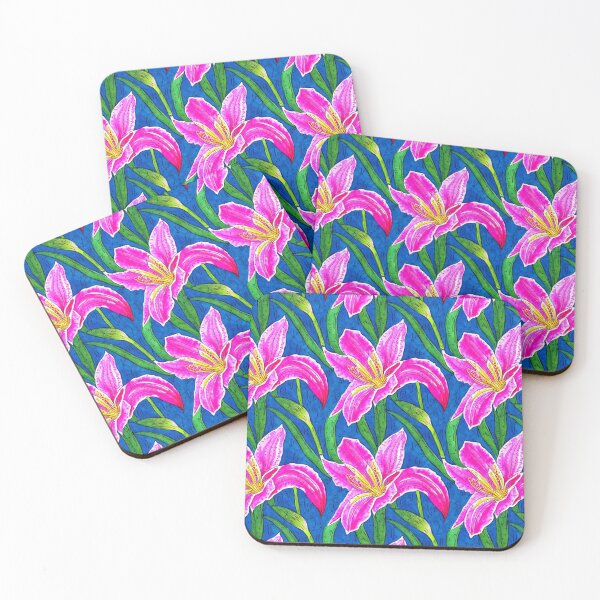 Item preview, Pink lilies watercolor painting on blue designed and sold by patterncrow.