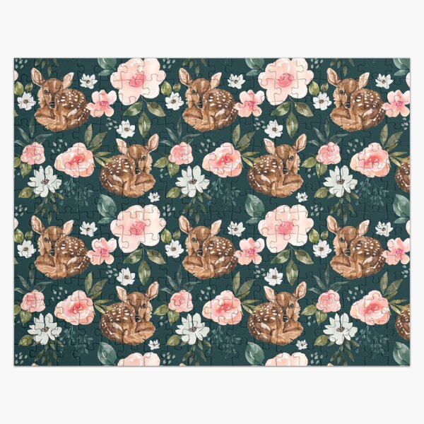 Vista previa del artículo con la obra «Acuarela Fawn Floral en verde esmeralda, colección Vintage Spring», diseñado y vendido por cateandrainn.