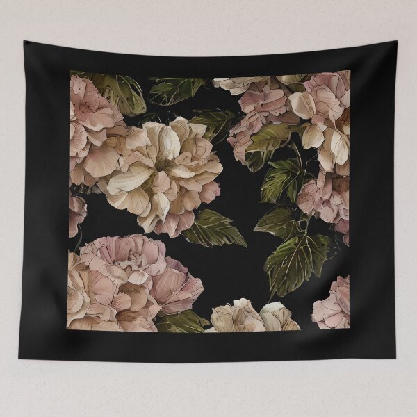 Item preview, Vintage retro botanical watercolor flowers pattern on black background designed and sold by Artsareus.