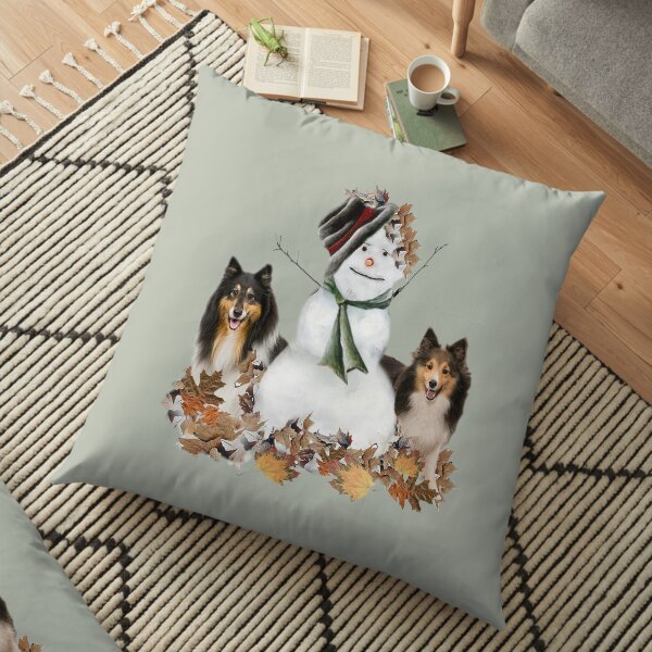 Sheltie Dogs And Snowman Winter Leaves Floor Pillow