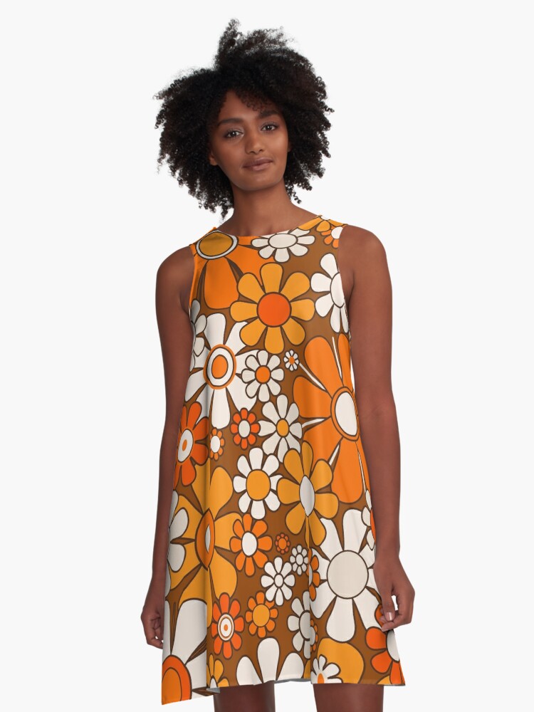 Retro Garden Flowers Groovy Floral Cheerful 60s 70s Pattern 2 Orange Brown and Beige A Line Dress for Sale by kierkegaard Redbubble