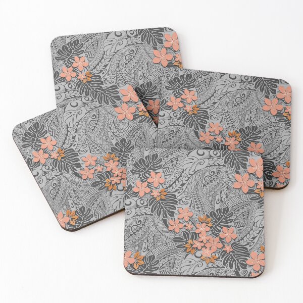 Item preview, Hawaiian Monstera Tapa and Coral Hibiscus Fusion designed and sold by J Marielle Designs.
