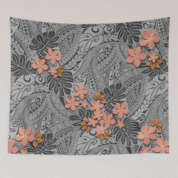 Item preview, Hawaiian Monstera Tapa and Coral Hibiscus Fusion designed and sold by J Marielle Designs.