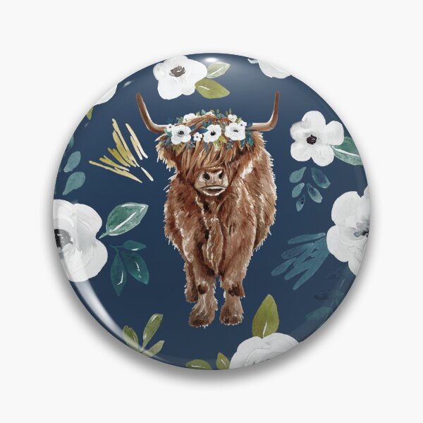 Item preview, Highland Cow Floral on Navy Blue, Watercolor Floral, Cow Art, Farm Animals designed and sold by cateandrainn.