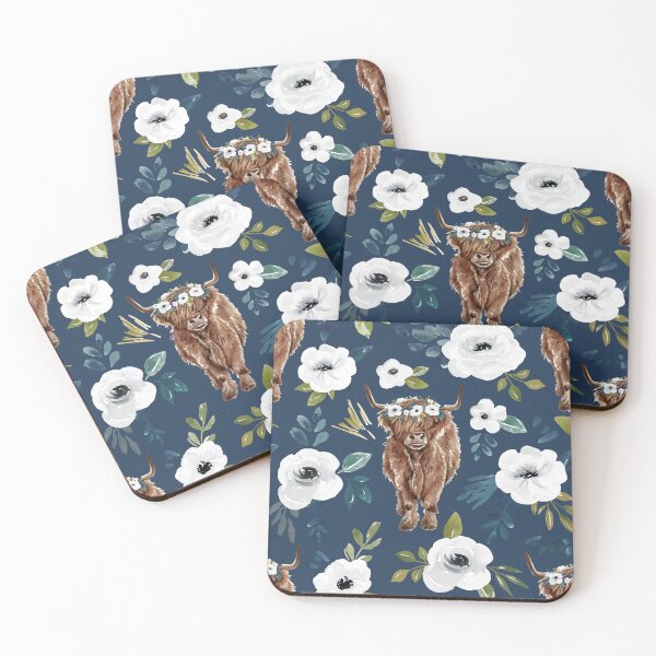Item preview, Highland Cow Floral on Navy Blue, Watercolor Floral, Cow Art, Farm Animals designed and sold by cateandrainn.