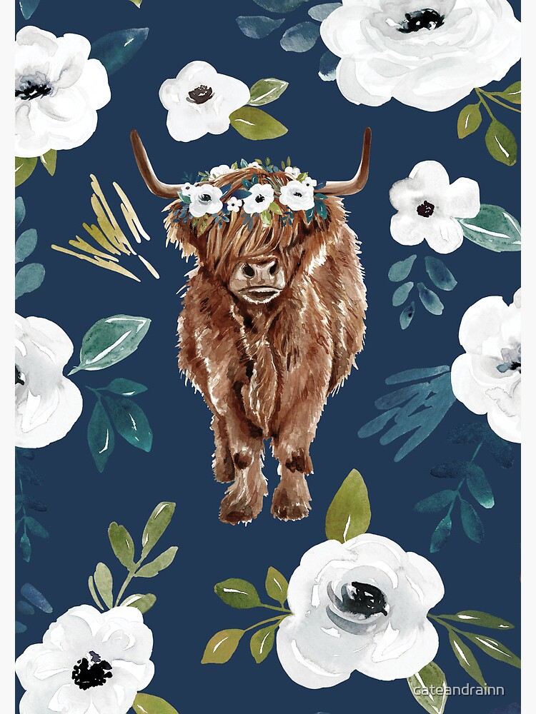 Highland Cow With White Flowers Pattern Avaleigh Collection 