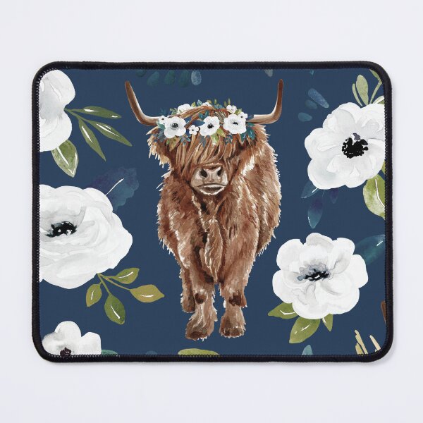 Item preview, Highland Cow Floral on Navy Blue, Watercolor Floral, Cow Art, Farm Animals designed and sold by cateandrainn.