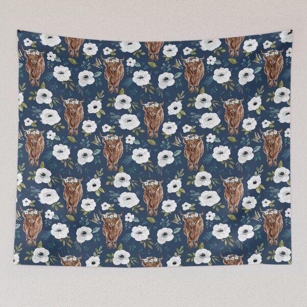 Item preview, Highland Cow Floral on Navy Blue, Watercolor Floral, Cow Art, Farm Animals designed and sold by cateandrainn.
