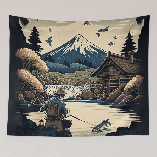 Item preview, Man fishing in front of Mount Fuji designed and sold by ArteroAI.