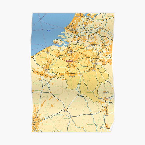 Belgium Map With Cities Roads Rivers Lakes Poster For Sale By World   Poster,504x498,f8f8f8 Pad,600x600,f8f8f8.u2 