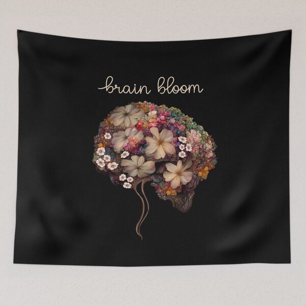 Item preview, Brain Bloom, hojas, flores rosas y girasoles, positividad, creatividad, cerebro del hemisferio derecho, salud, mental, designed and sold by Collagedream.