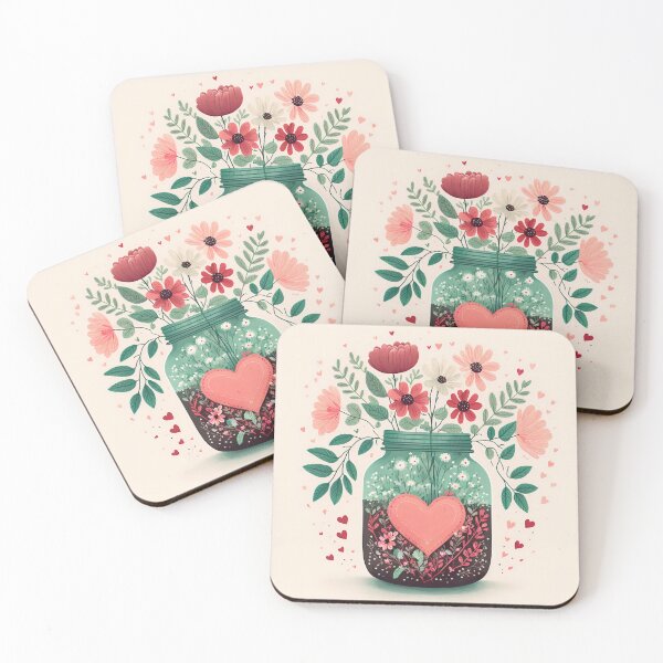 Item preview, Mason Jar with a bouquet of flowers and a heart- pink tone designed and sold by LiliD.