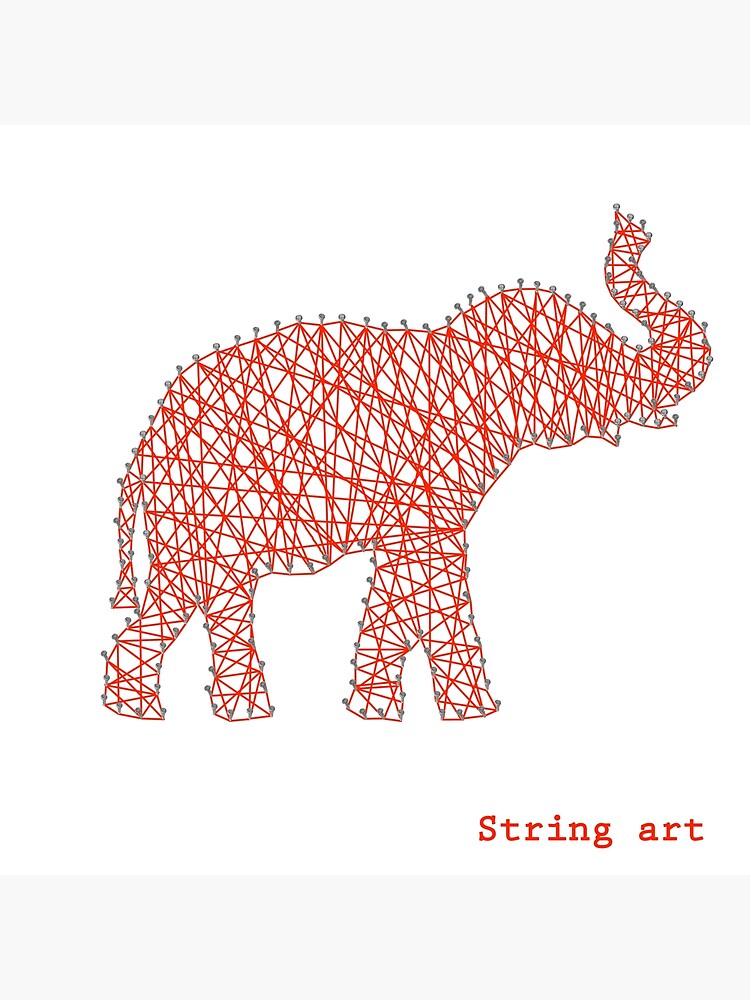 Silhouette of a red elephant, side view. Nail thread string art