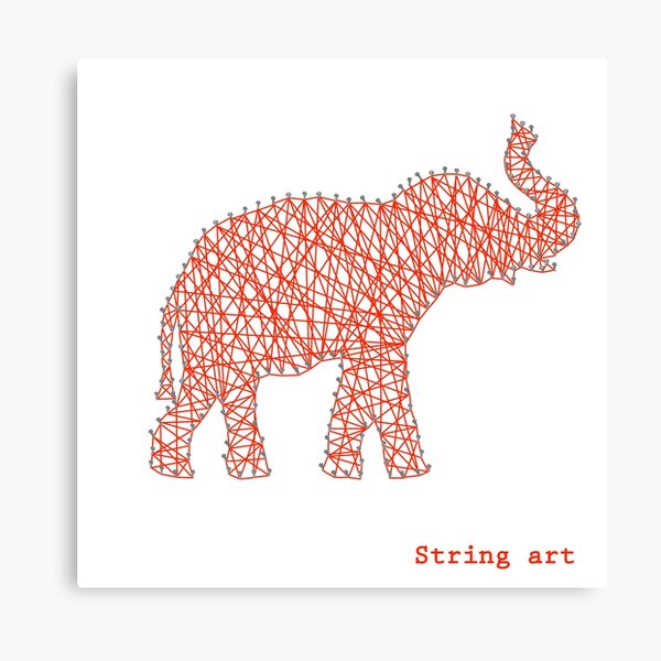 Silhouette of a red elephant, side view. Nail thread string art