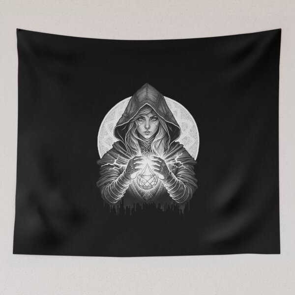Item preview, A hooded female elven mage stands before you, her slender fingers wrapped around a glowing orb. designed and sold by Fablemyst.