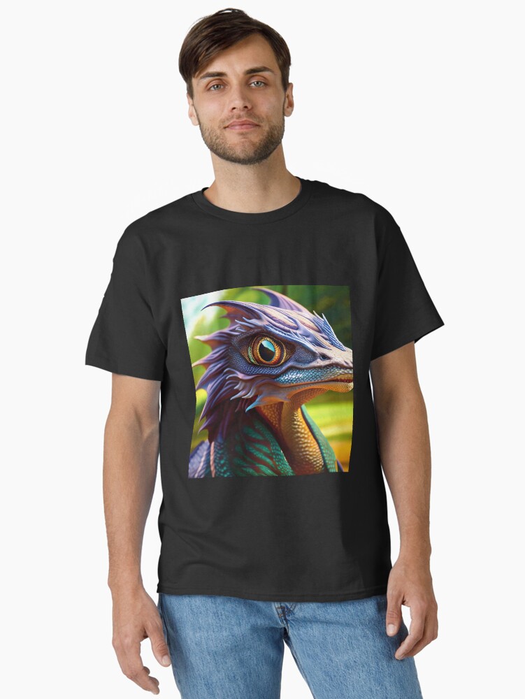 Thumbnail 1 of 7, Classic T-Shirt, Purple, Green and Yellow Scaled Jungle Dragon with Big Eyes designed and sold by dragynrain.
